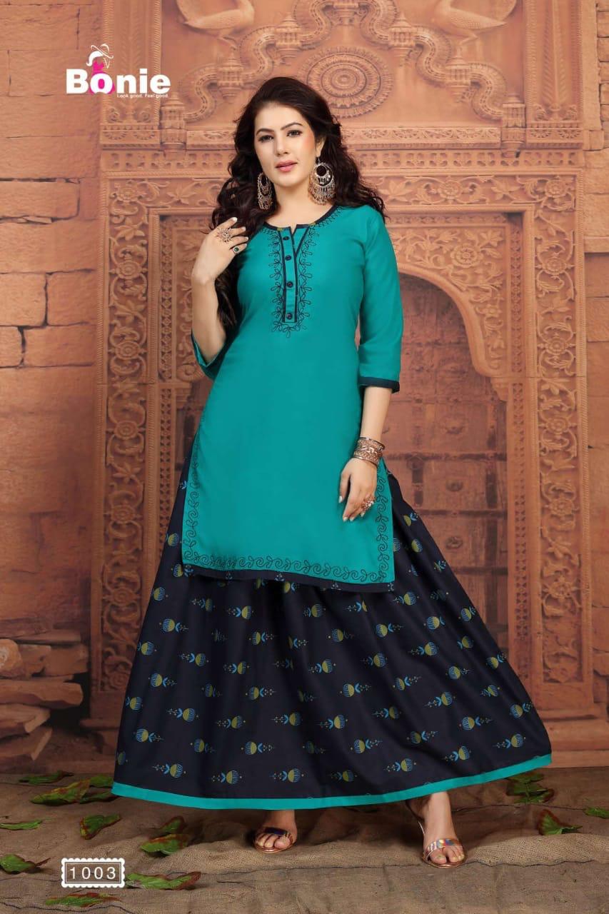 Bonie Shenaz Latest Fancy Regular Wear Rayon Printed Kurtis With  Skirt  Collection 